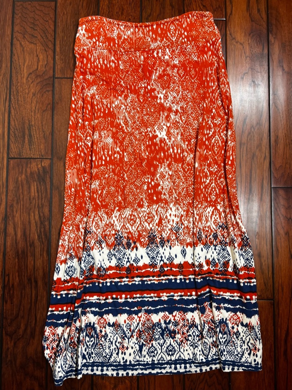 Orange Patterned Maxi Skirt with Navy Border Detail
